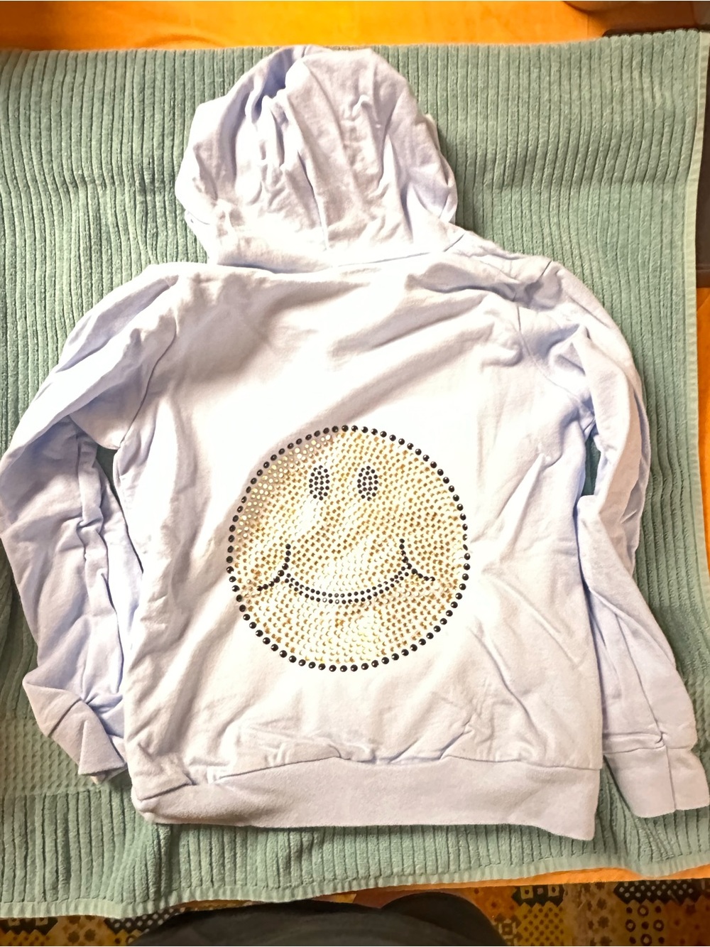 American Apparel Light Blue zipper Hooded Sweatshirt with Rhinestone Smiley